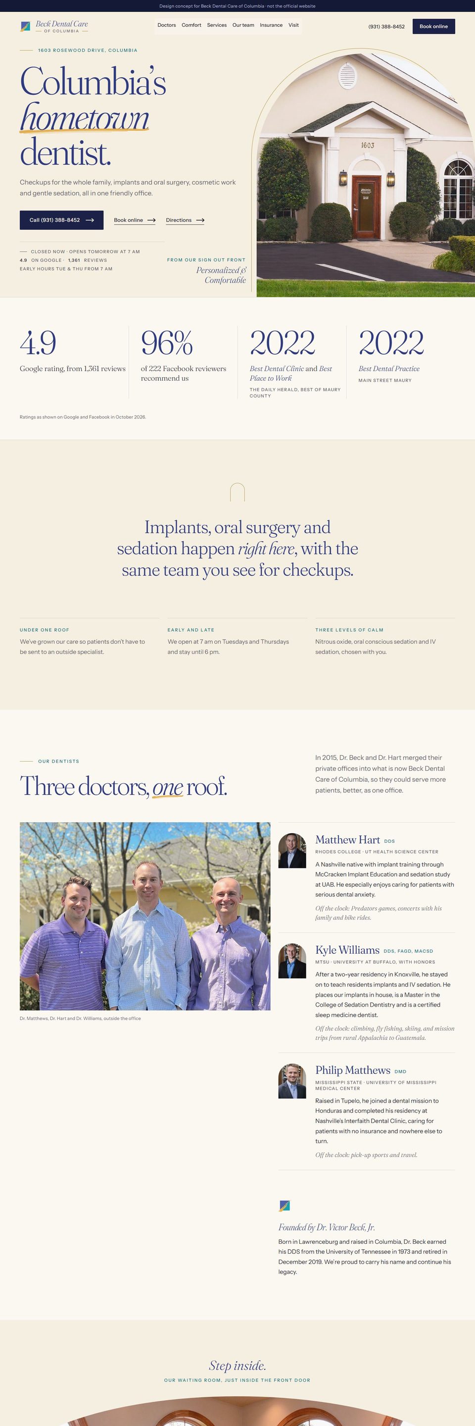Design concept for Beck Dental Care of Columbia: the home page on a computer.