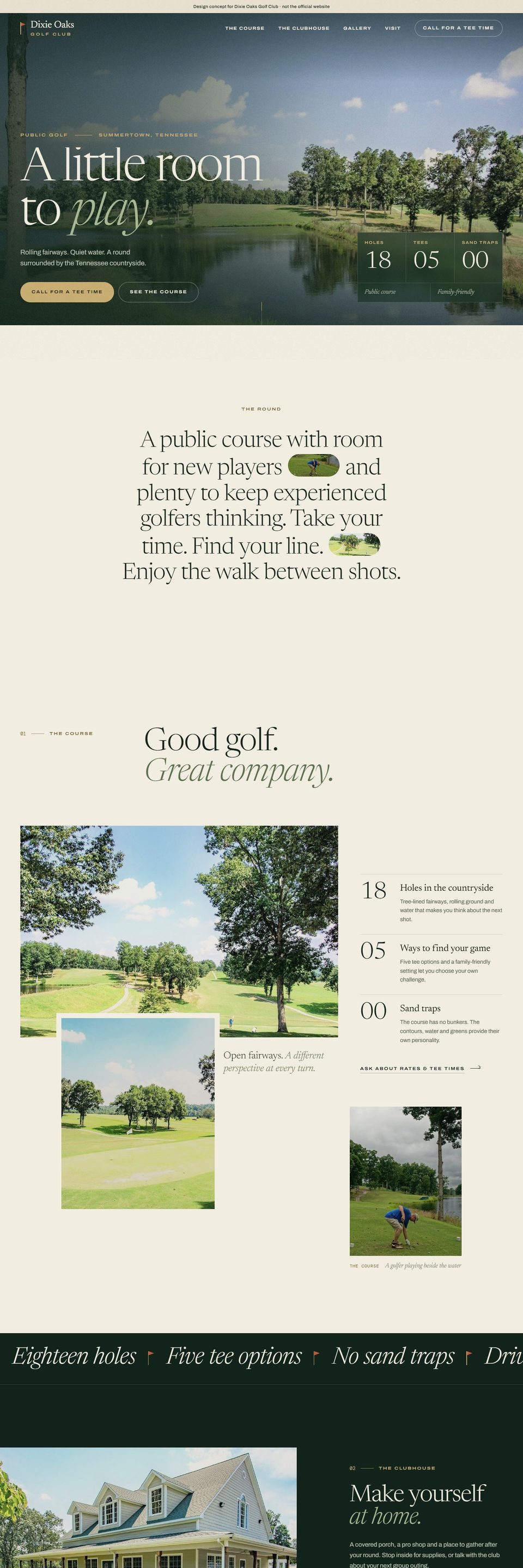 Design concept for Dixie Oaks Golf Club: the home page on a computer.