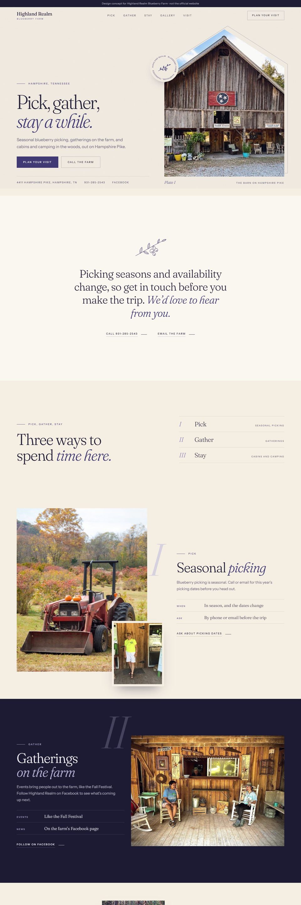 Design concept for Highland Realm Blueberry Farm: the home page on a computer.