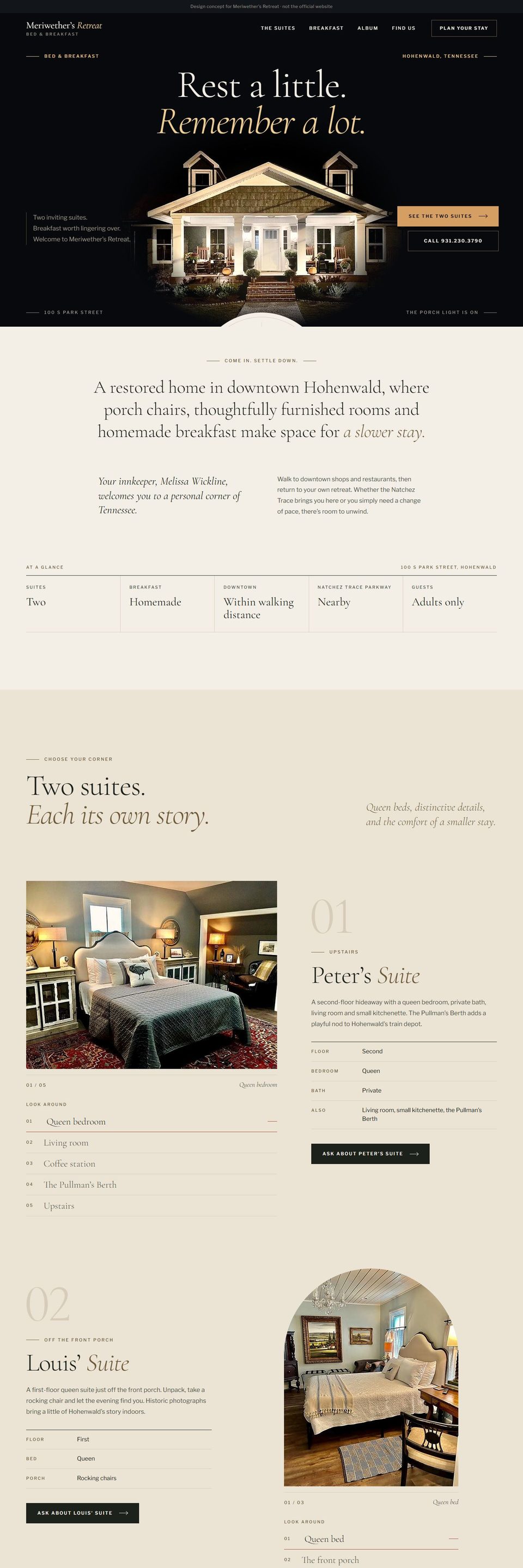 Design concept for Meriwether&rsquo;s Retreat: the home page on a computer.