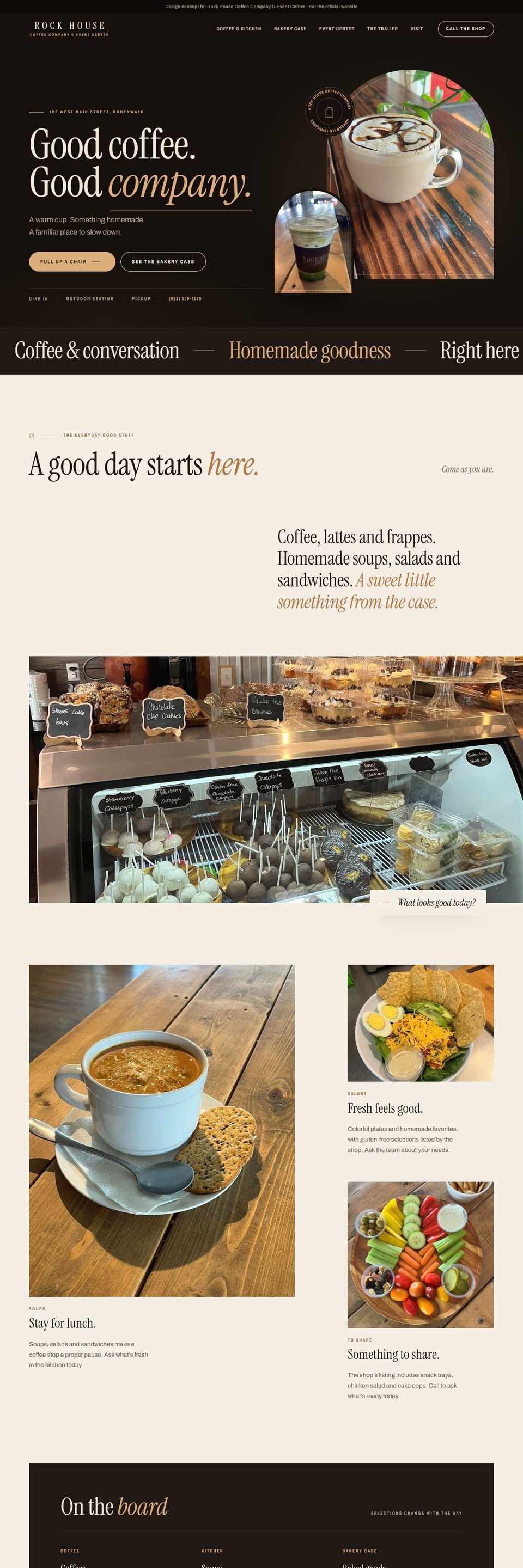 Design concept for Rock House Coffee Company & Event Center: the home page on a computer.